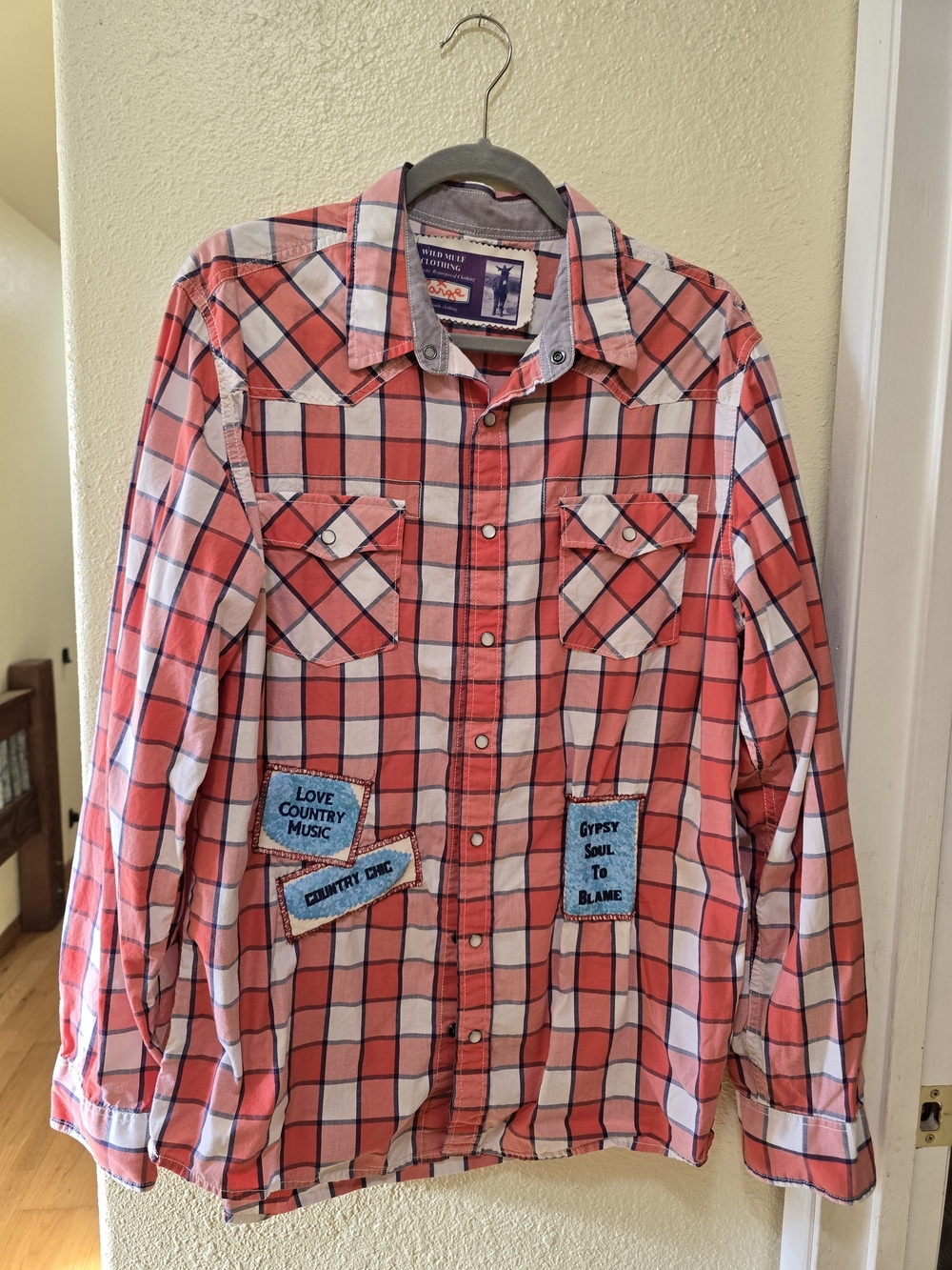 Wild Mule Clothing Women's Red Plaid Button-Up Shirt with Patch Details